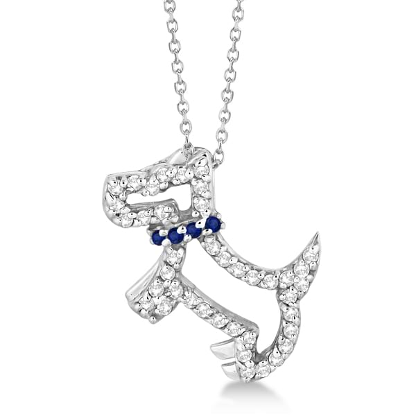 Diamond & Blue Sapphire Dog Pendant Necklace in 14K White Gold 0.22ct
