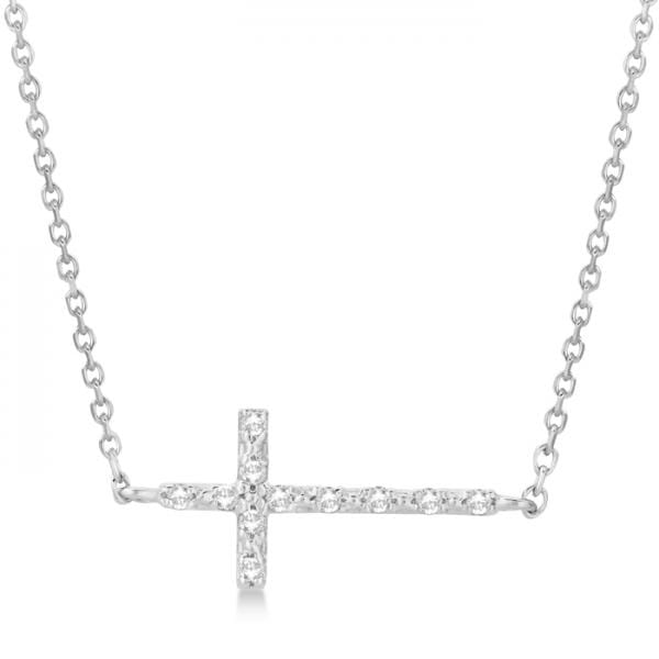 Sideways Diamond Cross Pendant Necklace 14k White Gold (0.10ct)