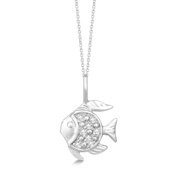 Pave Set Fish Shaped Diamond Pendant Necklace 14k White Gold 0.06ct