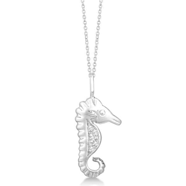 Pave Set Diamond Seahorse Pendant Necklace 14k White Gold 0.03ct