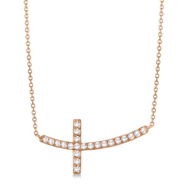 Diamond Sideways Curved Cross Pendant Necklace 14k Rose Gold 0.33ct