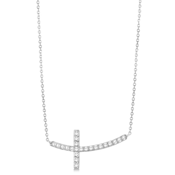 Diamond Sideways Curved Cross Pendant Necklace 14k White Gold 0.33ct