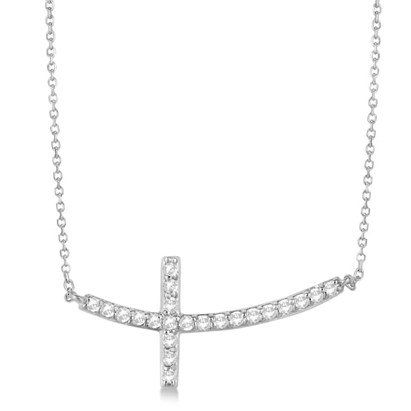 Diamond Sideways Curved Cross Pendant Necklace 14k White Gold 0.50ct