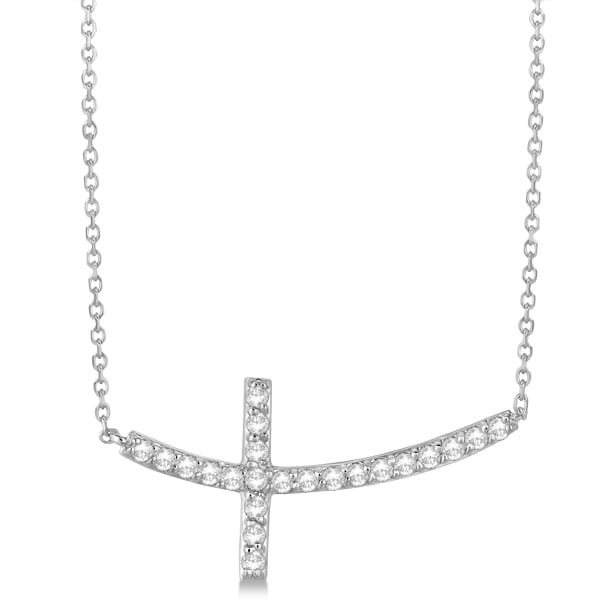 Lab Grown Diamond Sideways Curved Cross Pendant Necklace 14k White Gold 0.75ct