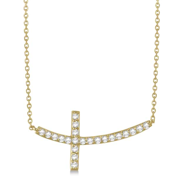 Diamond Sideways Curved Cross Pendant Necklace 14k Yellow Gold 0.75ct