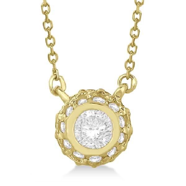 Vintage Bezel Halo Diamond Pendant Necklace 14k Yellow Gold (0.50cts)
