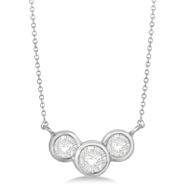 Three Stone Bezel Set Diamond Pendant Necklace 14k White Gold  0.75 ct