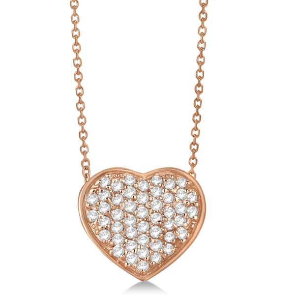 Pave Set Diamond Puffed Heart Pendant Necklace 14k Rose Gold 0.75ct