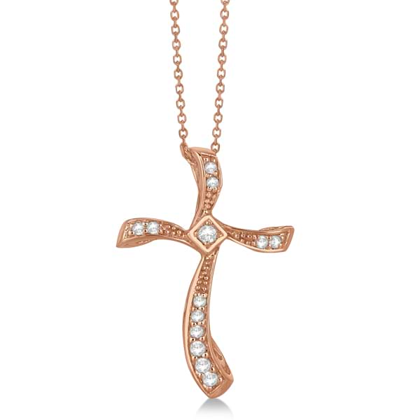 Classic Curved Diamond Cross Pendant Necklace in 14k Rose Gold 0.25ct