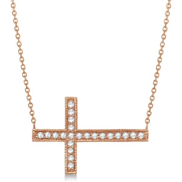 Antique Sideways Diamond Cross Pendant Necklace 14k Rose Gold 0.31 ct