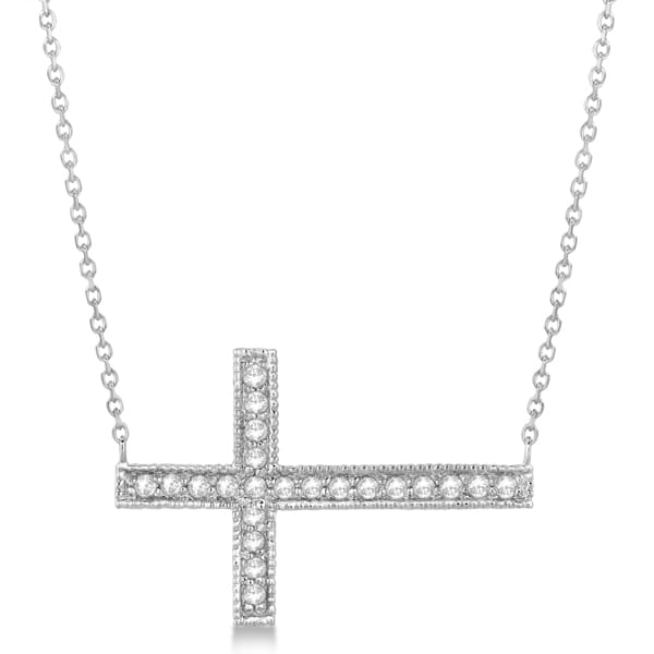 Antique Sideways Diamond Cross Pendant Necklace 14k White Gold 0.31 ct