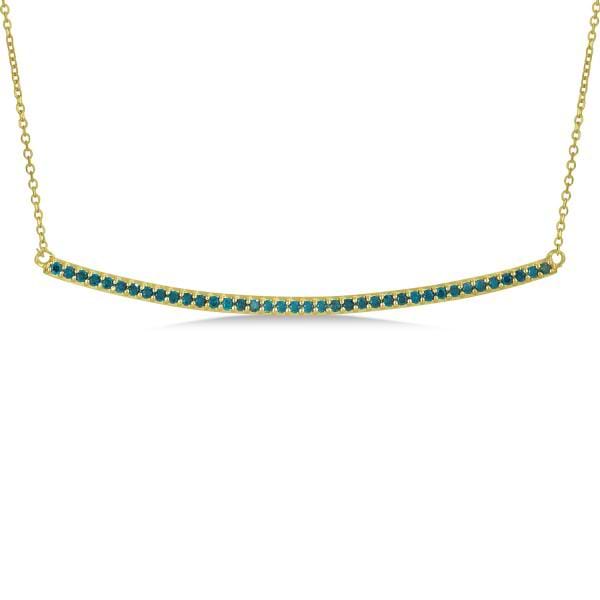 Thin Round Blue Diamond Curved Bar Necklace 14k Yellow Gold 0.40ct
