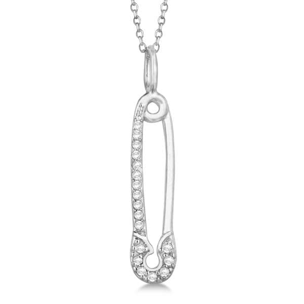Pave Set Diamond Safety Pin Pendant Necklace 14k White Gold 0.10ct