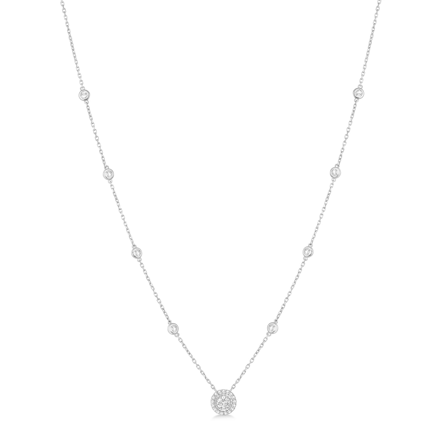 Diamond Halo Pendant Station Necklace in 14k White Gold (0.75 ctw)