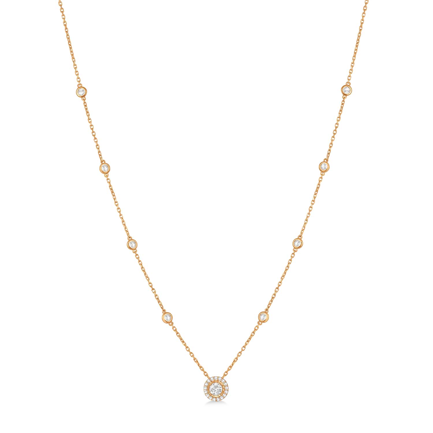 Diamond Halo Pendant Station Necklace in 14k Rose Gold (1.50 ctw)