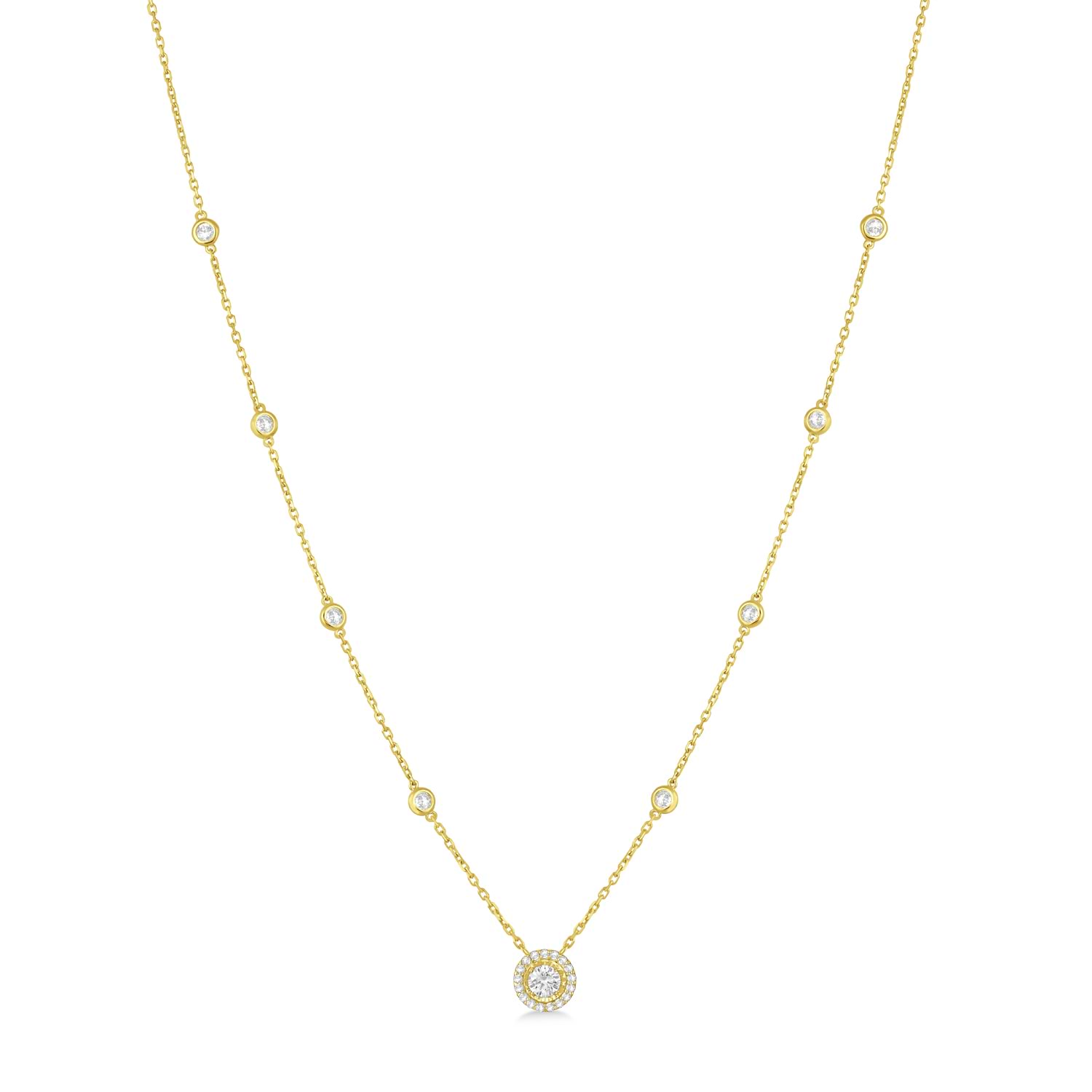 Diamond Halo Pendant Station Necklace in 14k Yellow Gold (1.50 ctw)