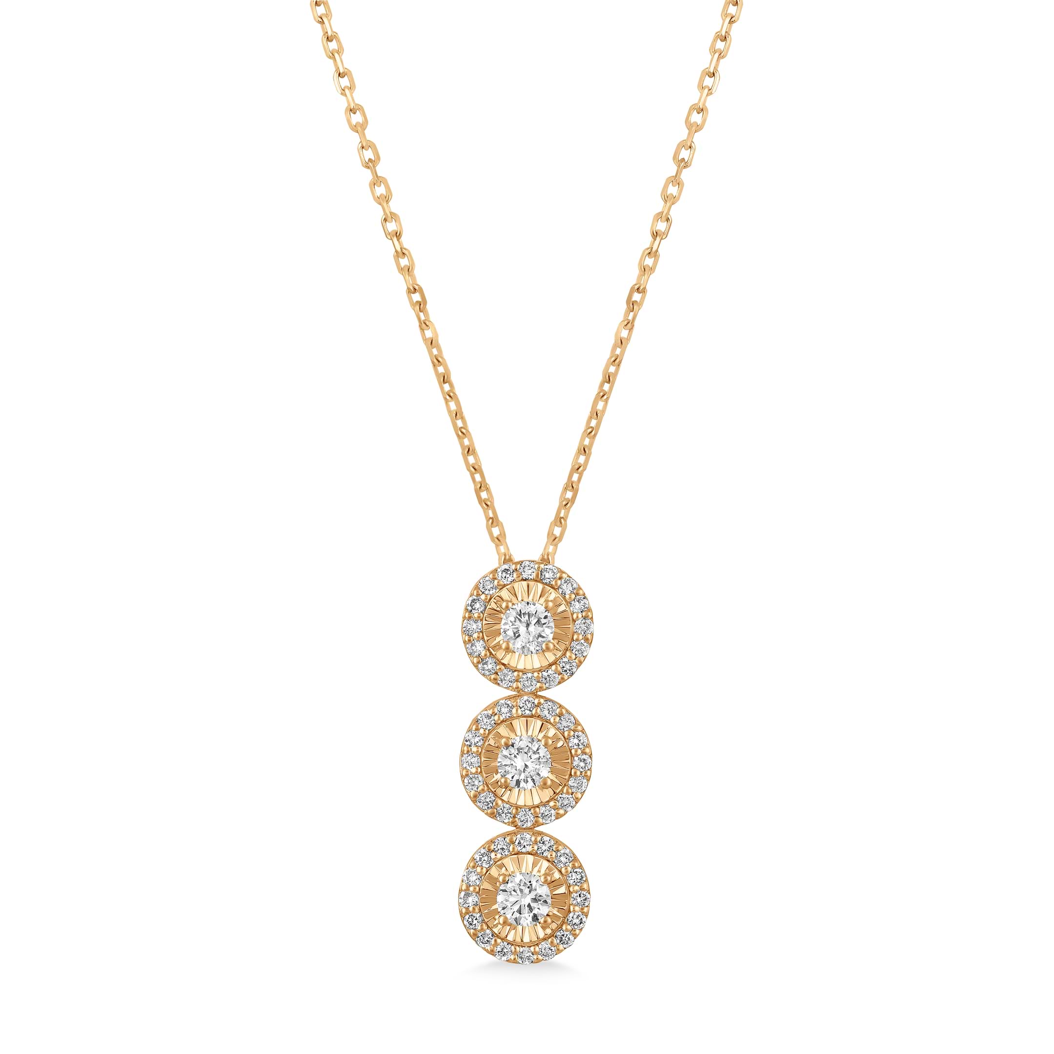Three-Stone Diamond Halo Pendant Necklace in 14k Rose Gold (0.80 ctw)