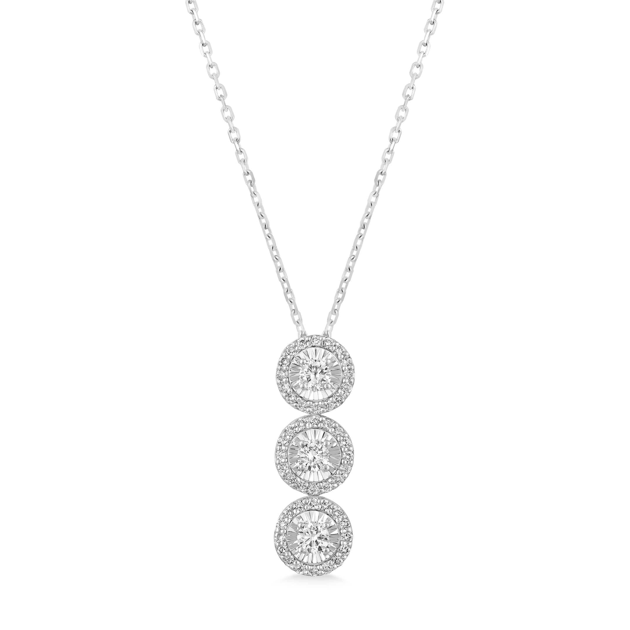 Three-Stone Diamond Halo Pendant Necklace in 14k White Gold (0.80 ctw)