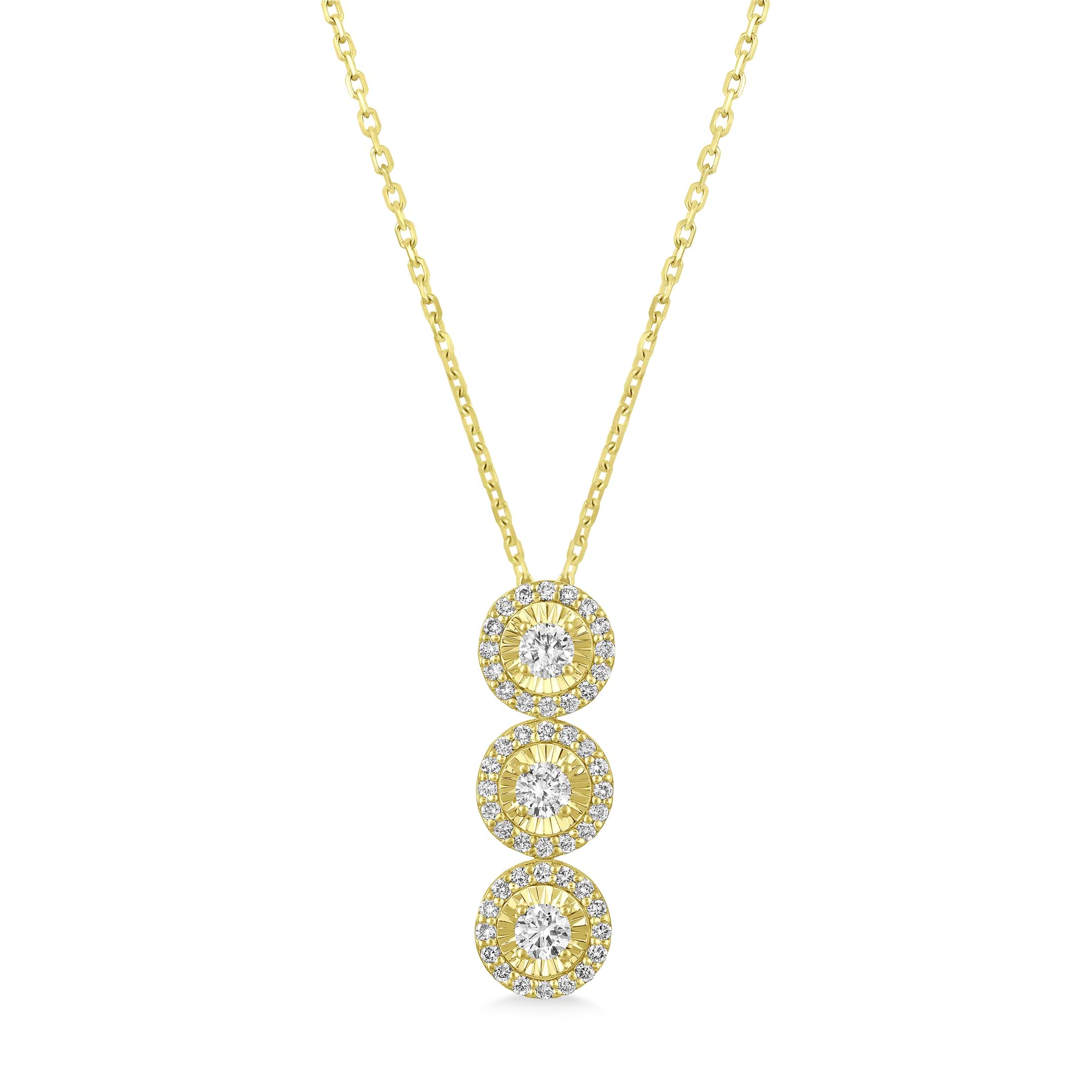 Three-Stone Diamond Halo Pendant Necklace in 14k Yellow Gold (0.80 ctw)