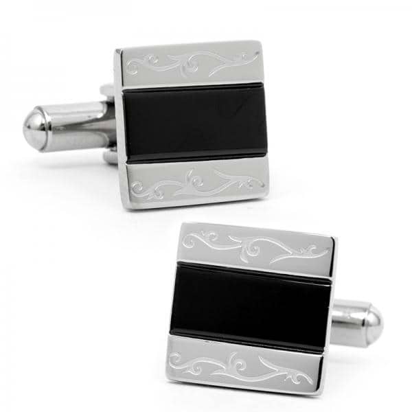 Classic Style Floral Etched Cufflinks Stainless Steel & Black Resin