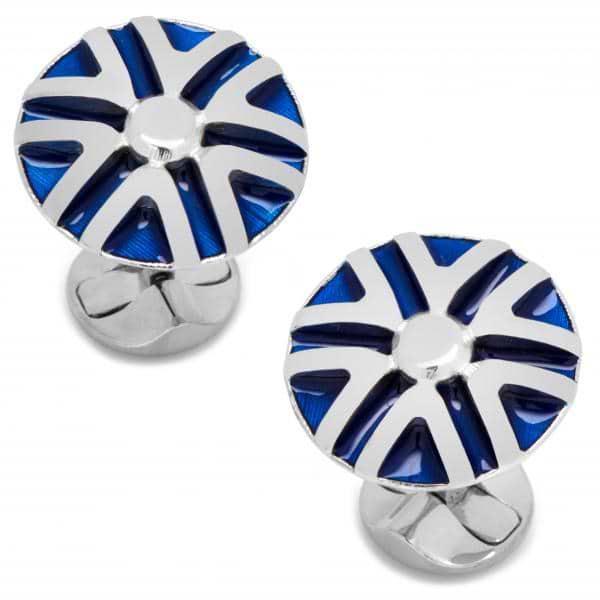 Men's Sterling Silver Plated Blue Striped Flower Cuff Links