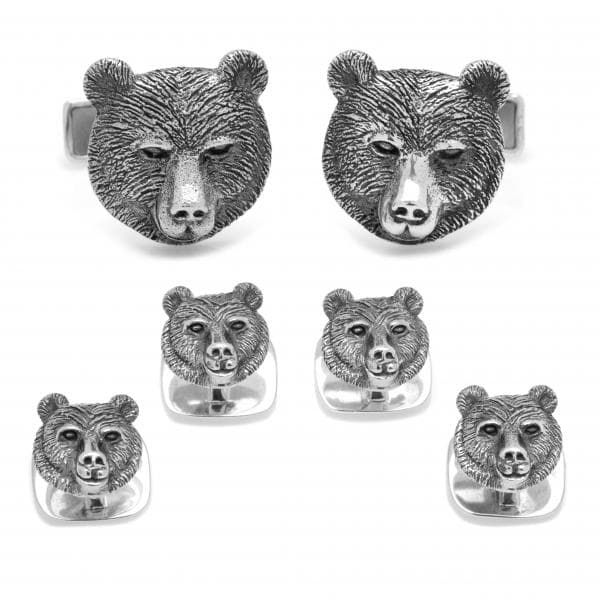 Men's Sterling Silver Engravable Bear Head Stud Set