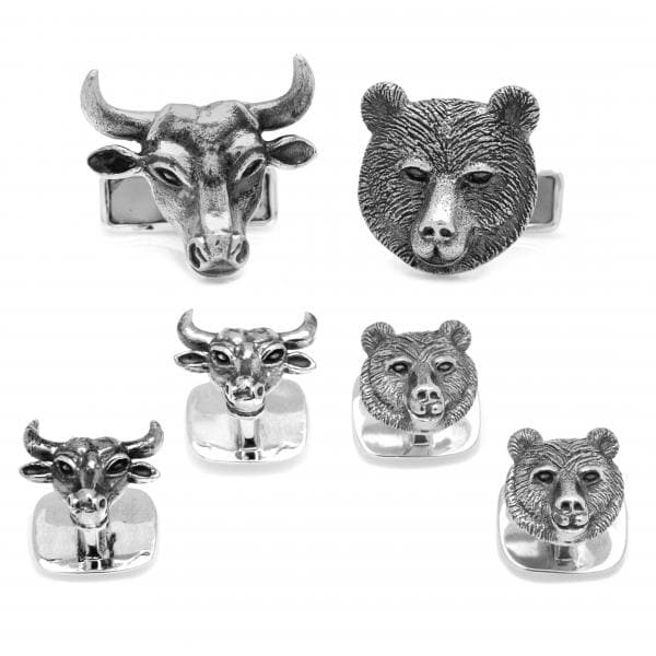 Men's Sterling Silver Engravable Bull and Bear Head Stud Set