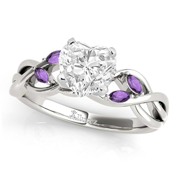 Twisted Heart Amethysts Vine Leaf Engagement Ring 18k White Gold (1.00ct)