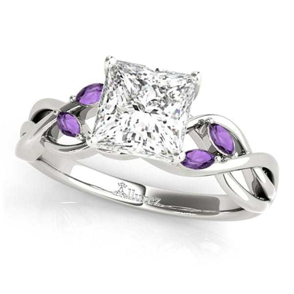 Twisted Princess Amethysts Vine Leaf Engagement Ring 18k White Gold (0.50ct)