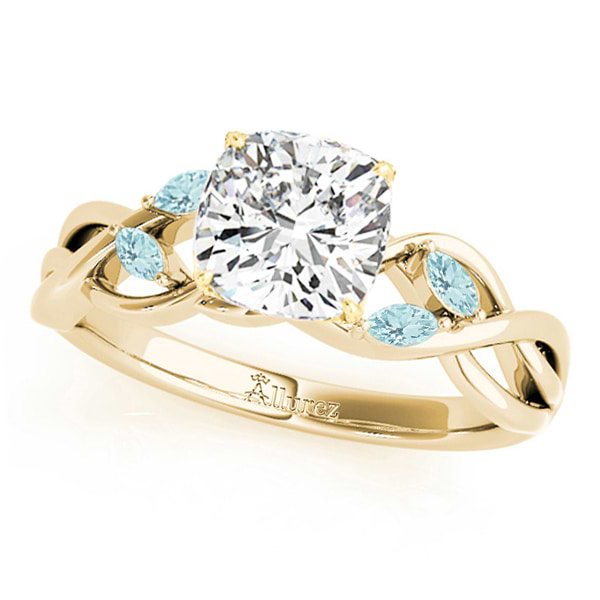 Twisted Cushion Aquamarines Vine Leaf Engagement Ring 14k Yellow Gold (1.00ct)