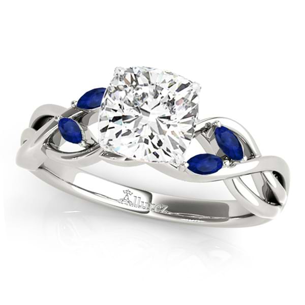 Cushion Blue Sapphires Vine Leaf Engagement Ring 14k White Gold (1.50ct)