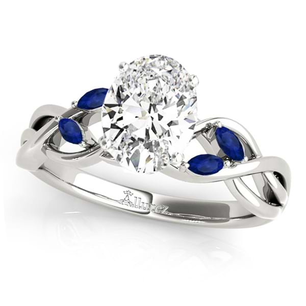 Oval Blue Sapphires Vine Leaf Engagement Ring 14k White Gold (1.50ct)