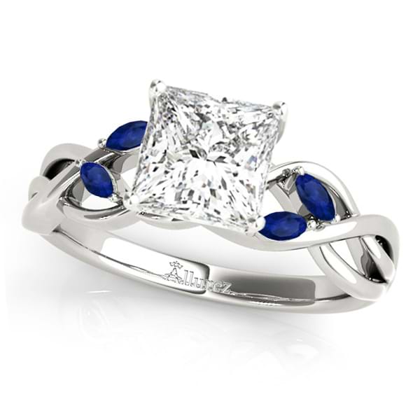 Princess Blue Sapphires Vine Leaf Engagement Ring 14k White Gold (1.50ct)