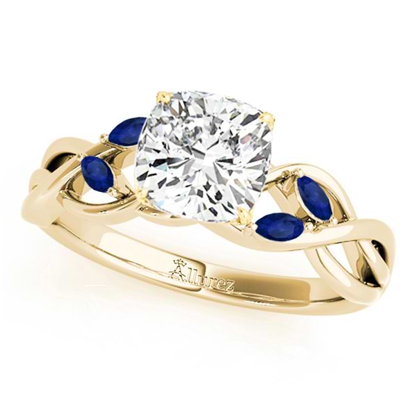 Cushion Blue Sapphires Vine Leaf Engagement Ring 18k Yellow Gold (1.00ct)