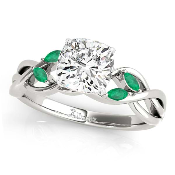 Twisted Cushion Emeralds Vine Leaf Engagement Ring 18k White Gold (1.00ct)