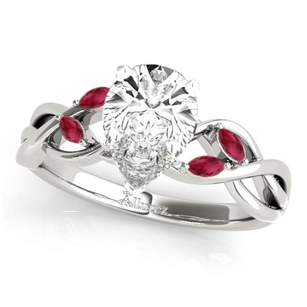 Twisted Pear Rubies Vine Leaf Engagement Ring 14k White Gold (1.00ct)