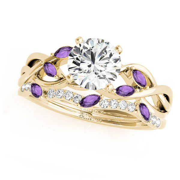 Twisted Round Amethysts & Moissanites Bridal Sets 14k Yellow Gold (1.23ct)
