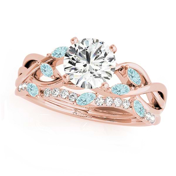 Twisted Round Aquamarines & Diamonds Bridal Sets 14k Rose Gold (0.73ct)