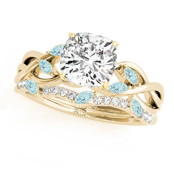 Twisted Cushion Aquamarines & Diamonds Bridal Sets 14k Yellow Gold (1.23ct)