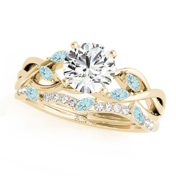 Twisted Round Aquamarines & Diamonds Bridal Sets 14k Yellow Gold (0.73ct)