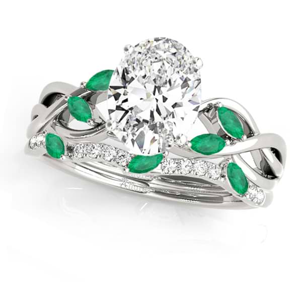 Twisted Oval Emeralds & Diamonds Bridal Sets 14k White Gold (1.23ct)