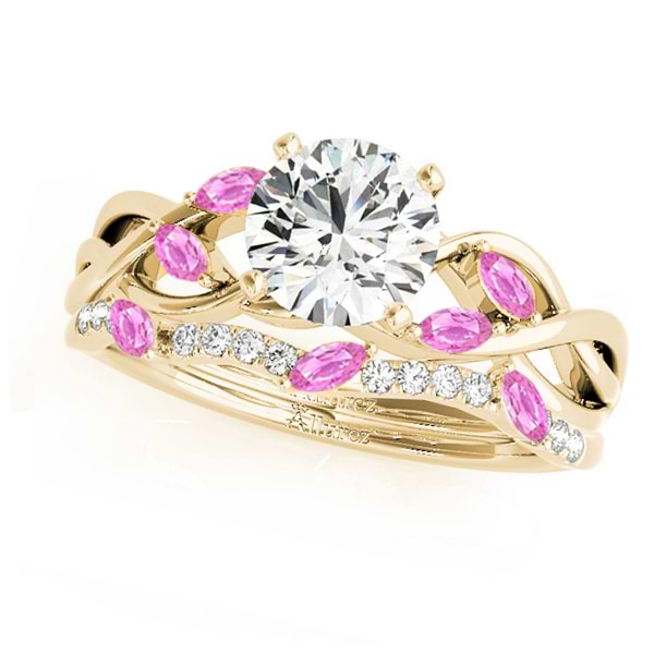 Twisted Round Pink Sapphires & Moissanites Bridal Sets 18k Yellow Gold (1.23ct)