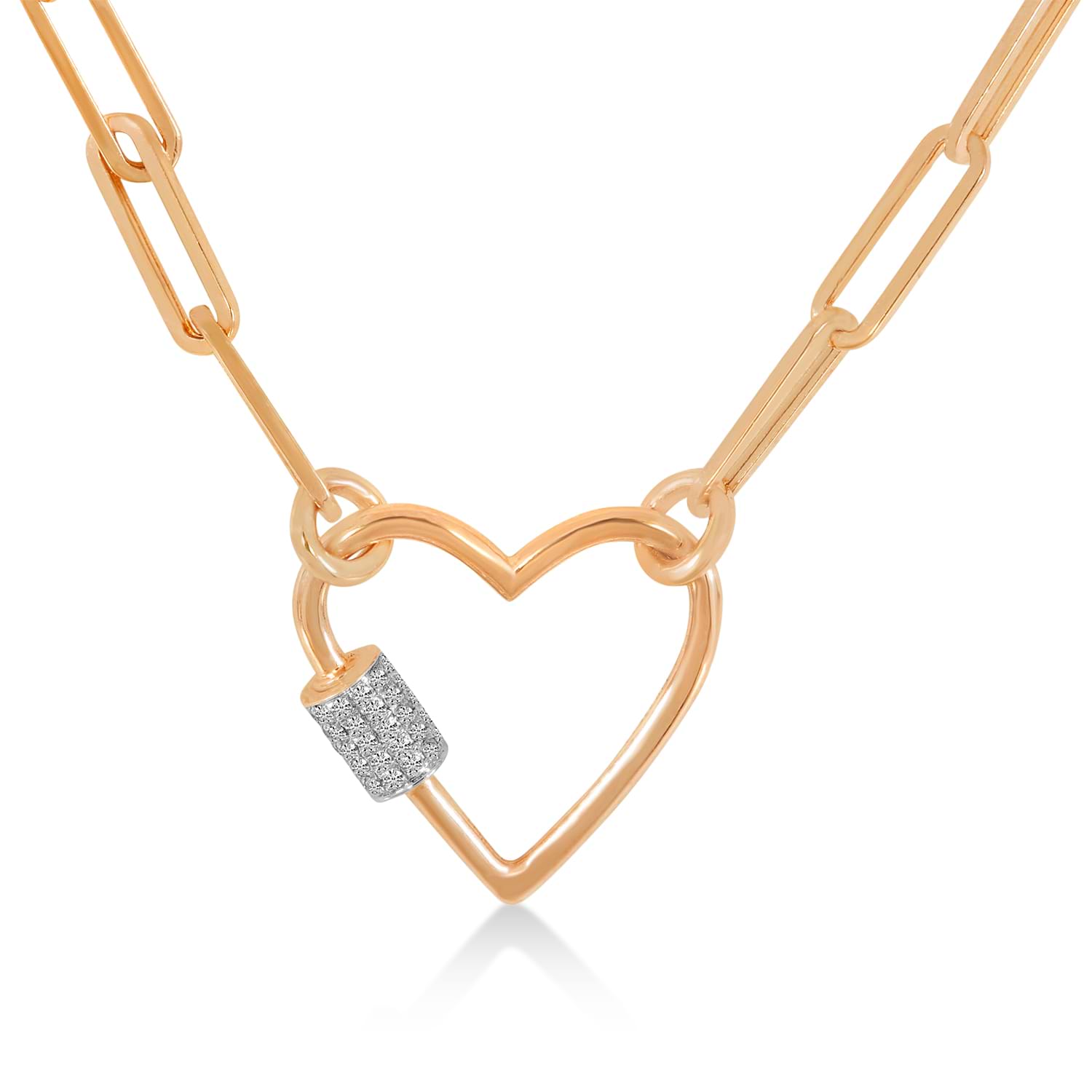 Diamond Paperclip Chain Heart Carabiner Pendant Necklace 14k Rose Gold (0.22ct)
