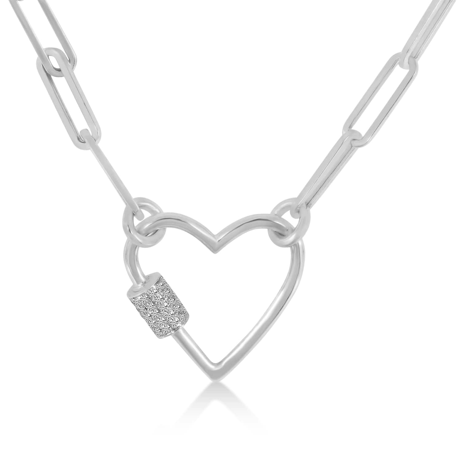 Diamond Paperclip Chain Heart Carabiner Pendant Necklace 14k White Gold (0.22ct)