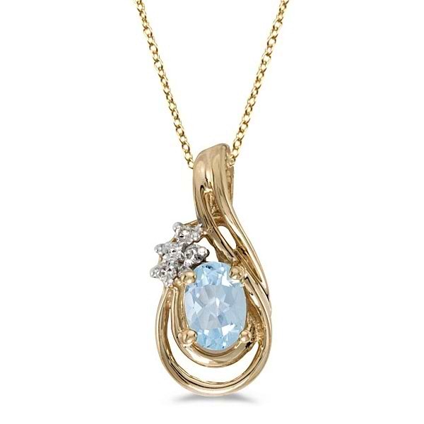 Oval Aquamarine & Diamond Teardrop Pendant Necklace 14k Yellow Gold
