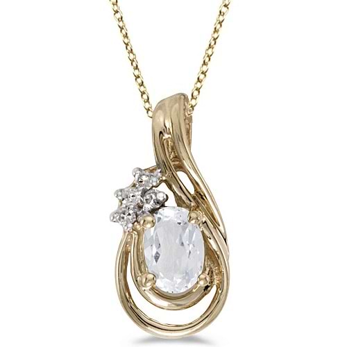 Oval White Topaz & Diamond Teardrop Pendant Necklace 14k Yellow Gold