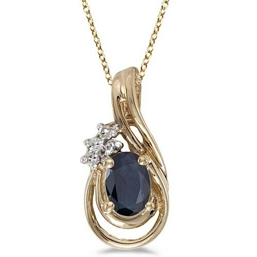 Blue Sapphire & Diamond Teardrop Pendant Necklace 14k Yellow Gold