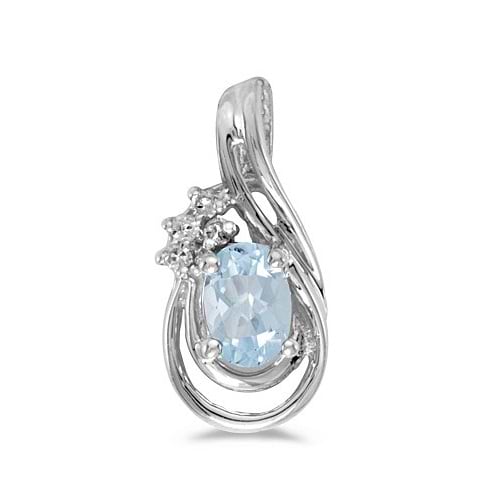 Oval Aquamarine & Diamond Teardrop Pendant Necklace 14k White Gold