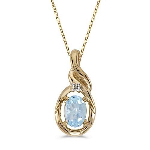 Oval Aquamarine & Diamond Pendant Necklace 14k Yellow Gold (0.40ctw)