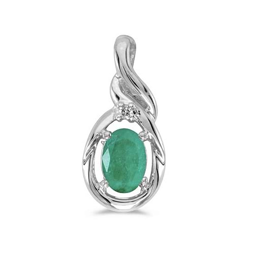 Oval Emerald & Diamond Pendant Necklace 14k White Gold (0.45ct)